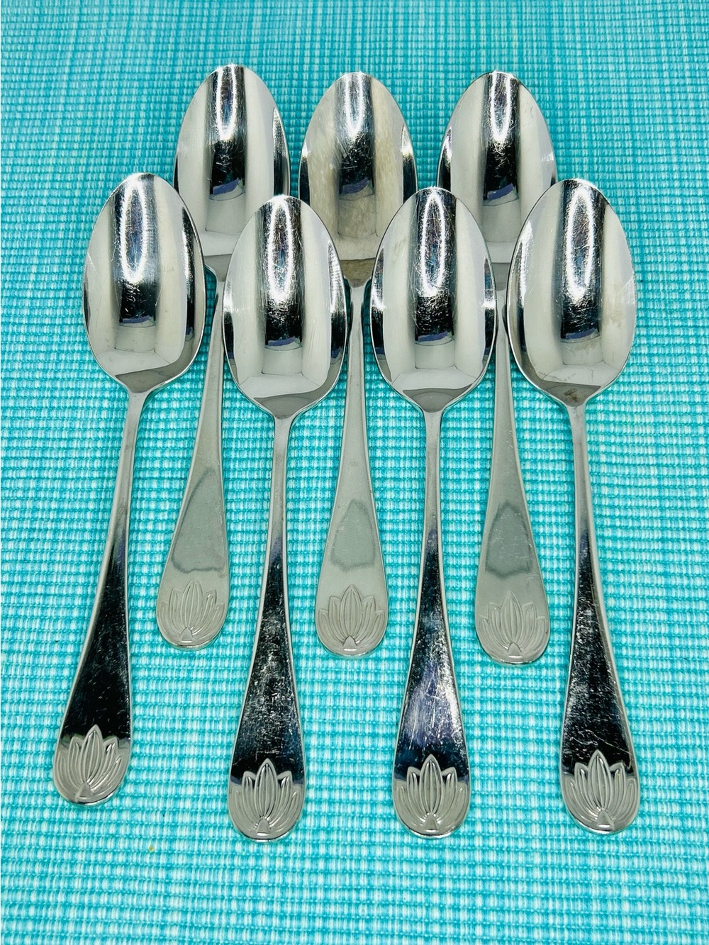 Mikasa WATER LILY Stainless 18-8 Cathy Hardwick Japan Well Used 6 Soup Spoons